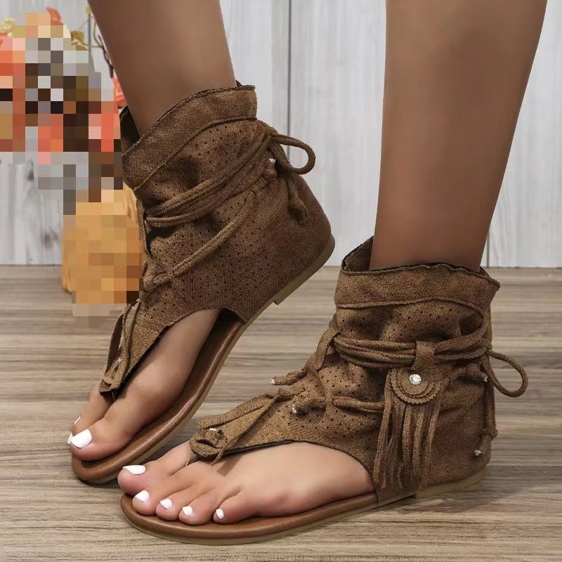 Retro Flat Bottom Tassel Hollow Toe Sandals - Babyvera