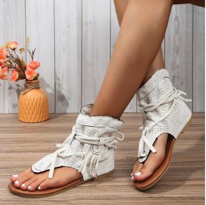 Retro Flat Bottom Tassel Hollow Toe Sandals - Babyvera