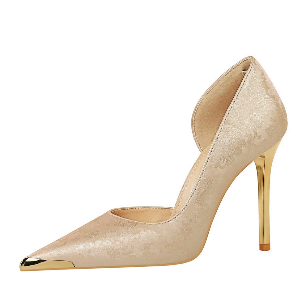 Satin Metal Pointed High Heel Thin Heel Shallow Single Shoes - Babyvera