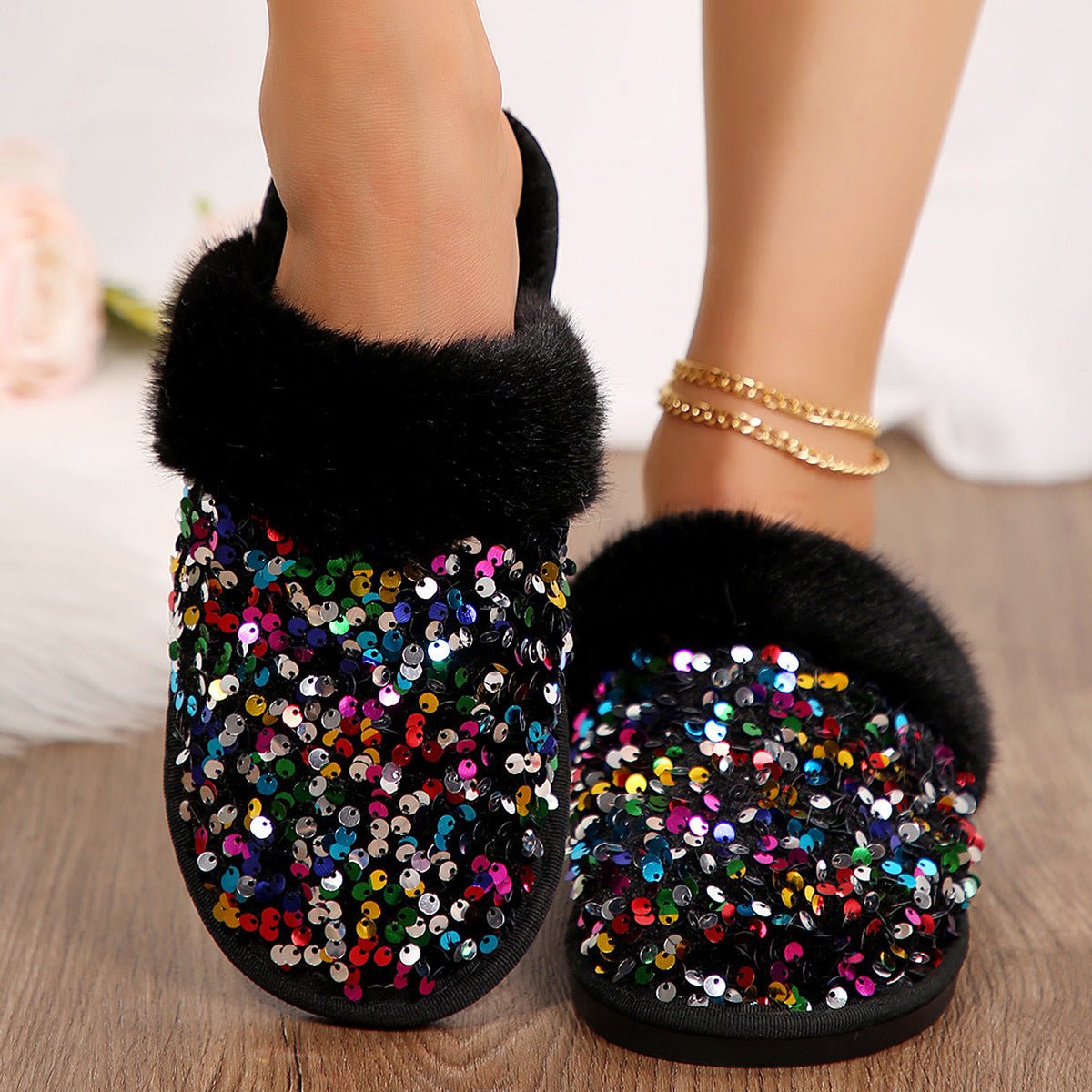 Sequin Flat Plush Slippers For Women - Babyvera
