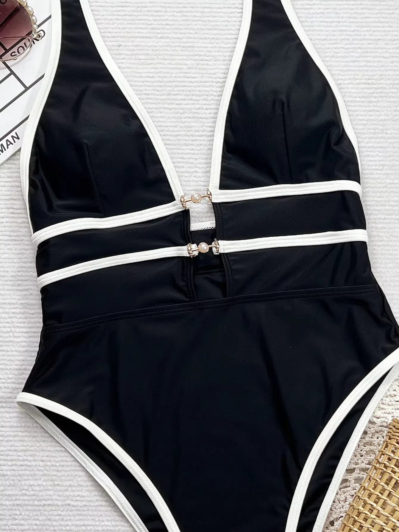 Sexy Bikini Jumpsuit Suspender Deep V Black And White Cross Thin Swimsuit - Babyvera