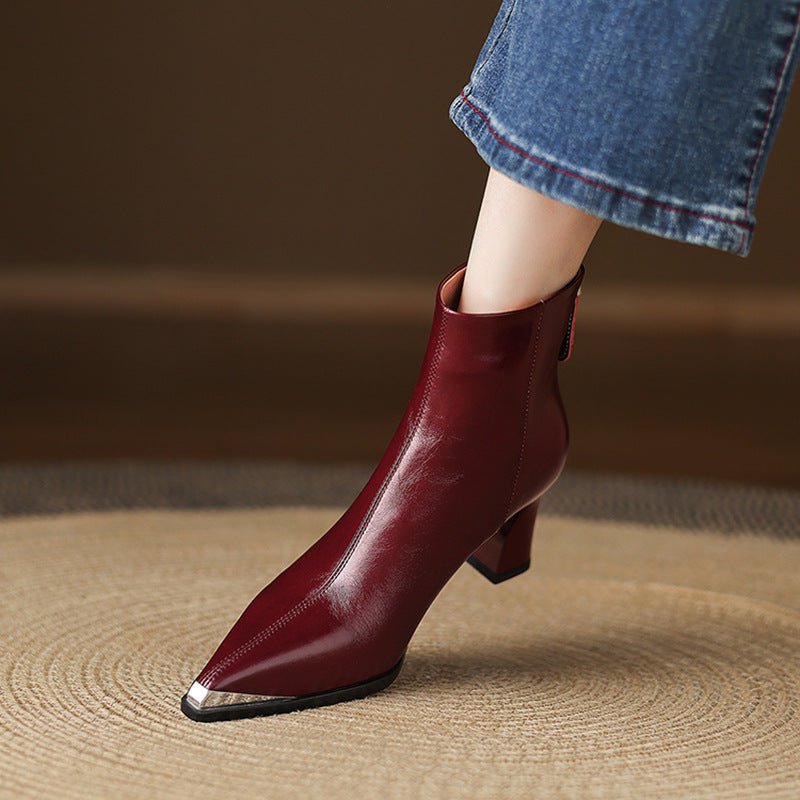 Sexy Stylish Metal Pointed Toe Ankle Boots Women's High Heel Thick Heel Genuine Leather Spring And Autumn - Babyvera