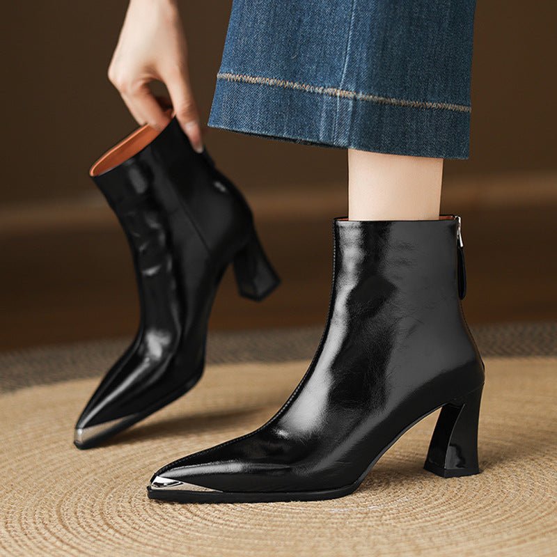 Sexy Stylish Metal Pointed Toe Ankle Boots Women's High Heel Thick Heel Genuine Leather Spring And Autumn - Babyvera