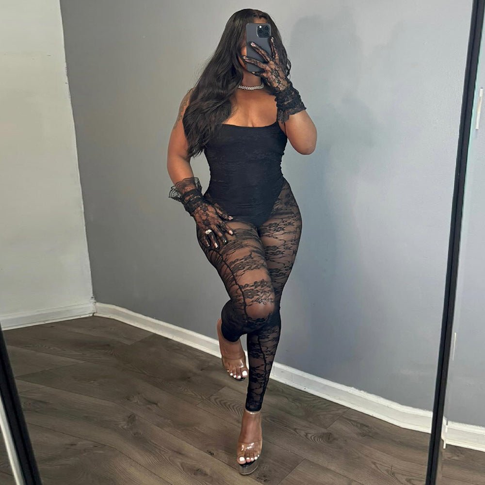 Sexy Women Clothing Sling Style Stitching Sheer Cutout High Elasticity Jumpsuit - Babyvera