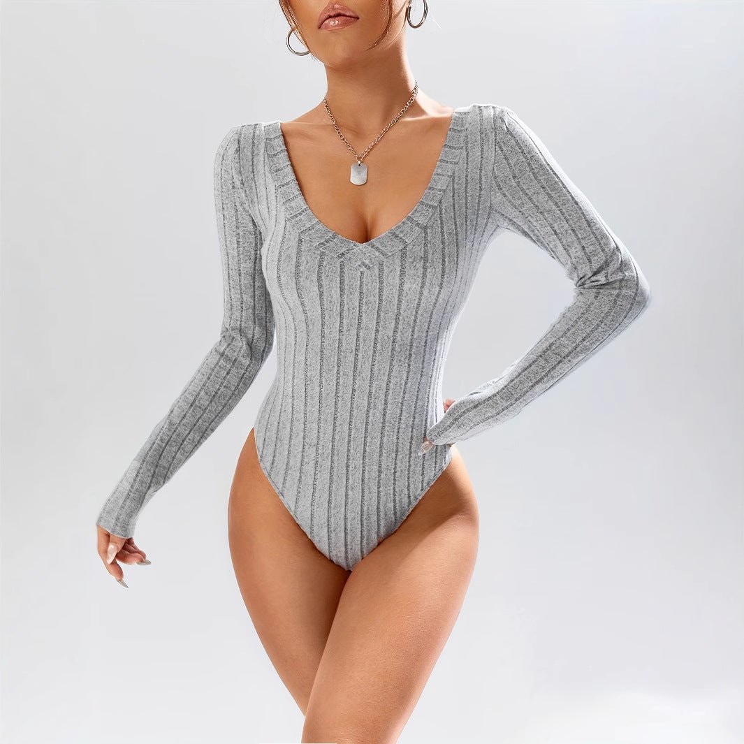 Simple Casual Solid Color Deep V - neck Slim Fit Waist - controlled Long Sleeves Jumpsuit Women - Babyvera