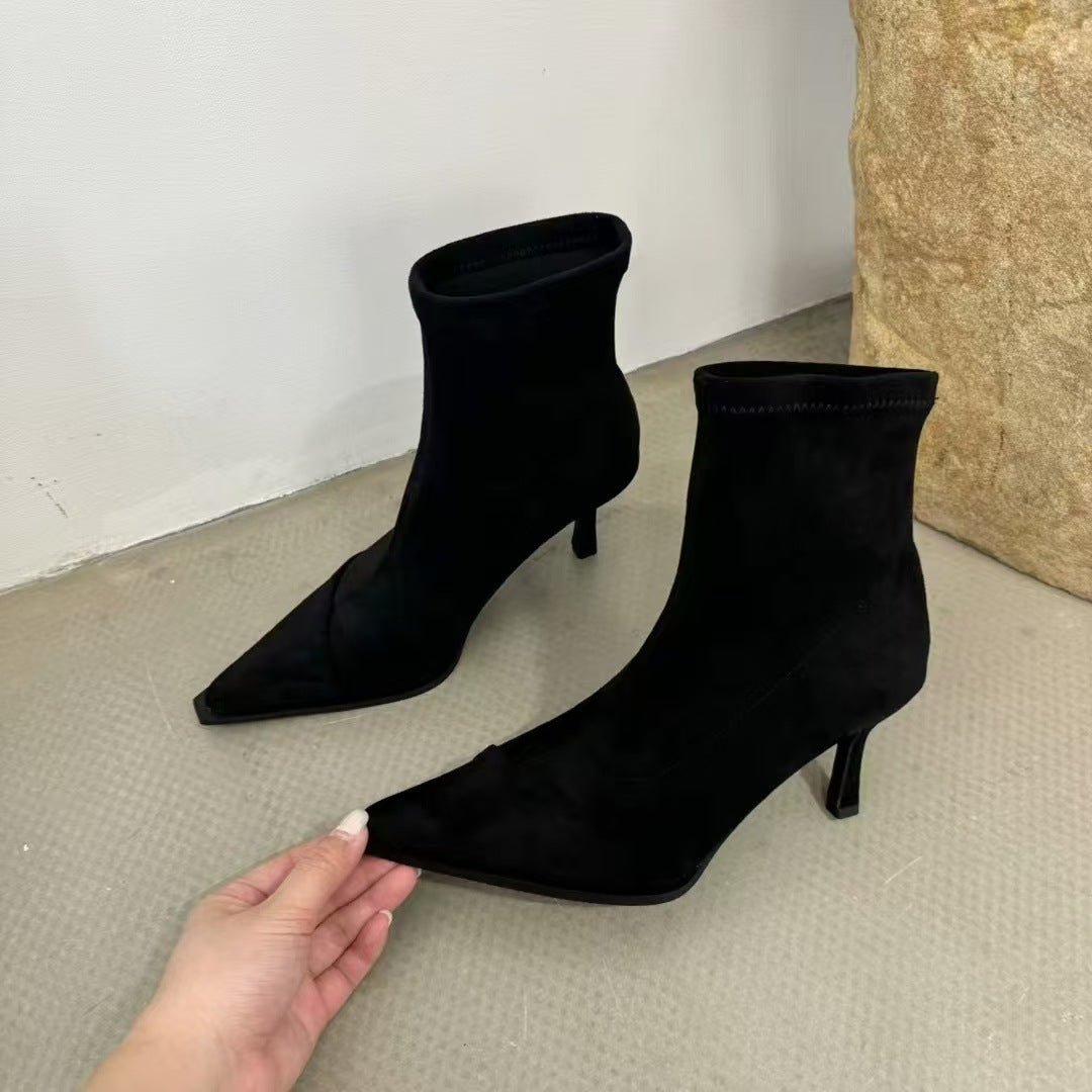 Suede Leopard - print Patchwork Stretch Slim Boots European And American - style Stiletto Short Boots - Babyvera