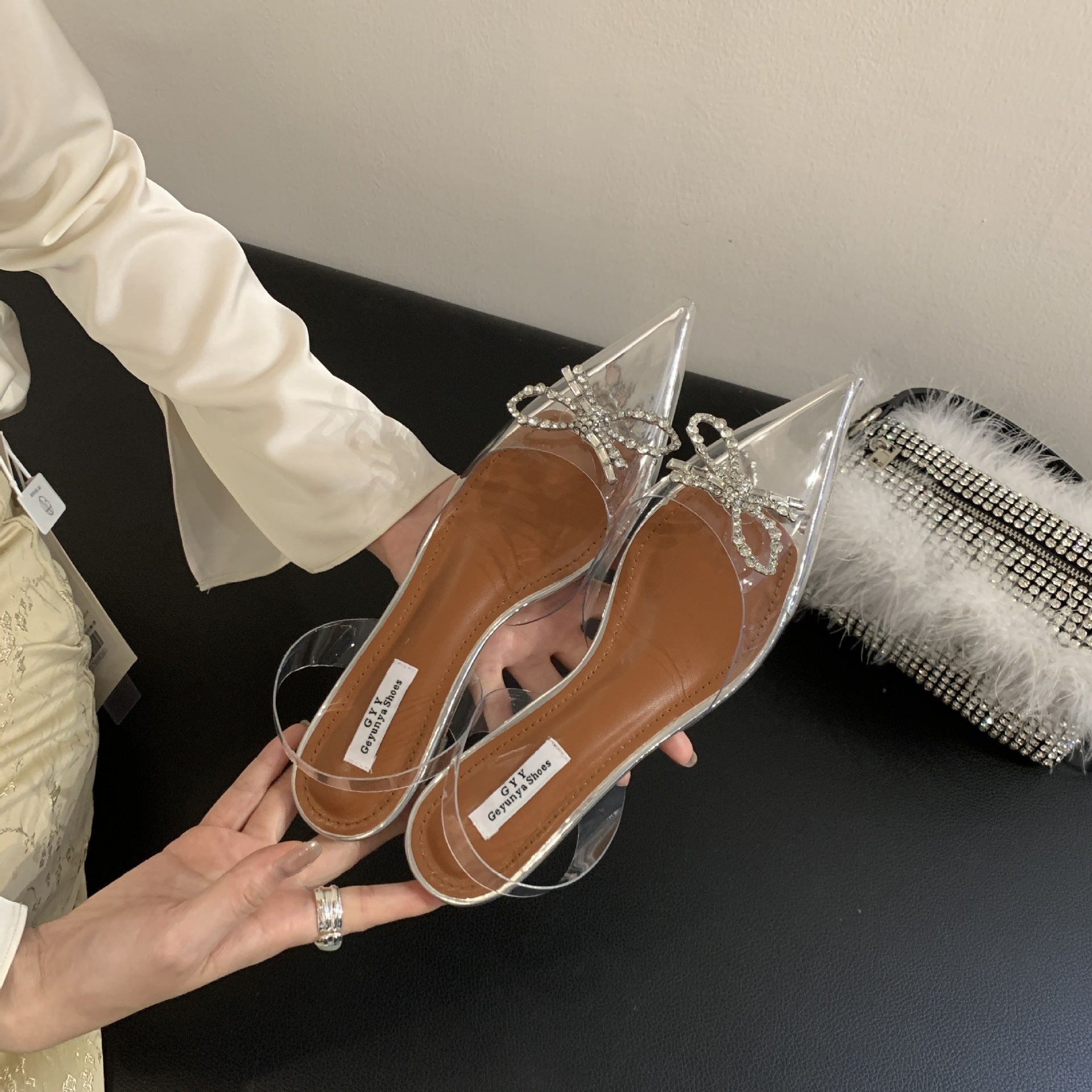 Thick Heel Pointed Sexy Rhinestone High Heels Single Shoes - Babyvera