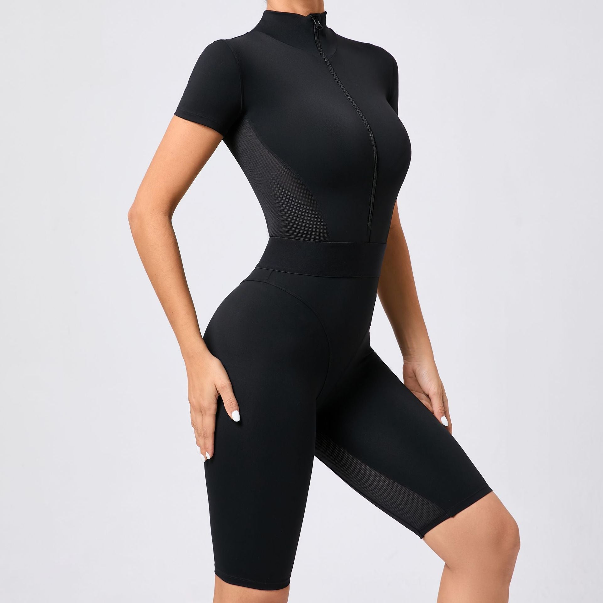 Tight Waist Open Collar Zipper Short Sleeve Yoga Jumpsuit Women - Babyvera