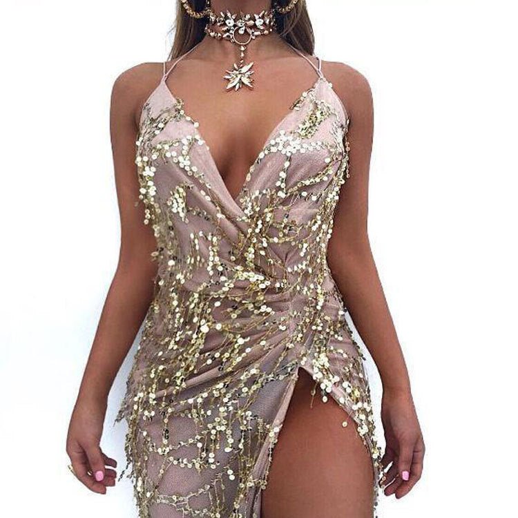 V-neck Sexy Halter Strap Sequin Dress - Babyvera