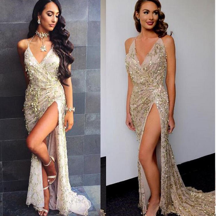 V-neck Sexy Halter Strap Sequin Dress - Babyvera