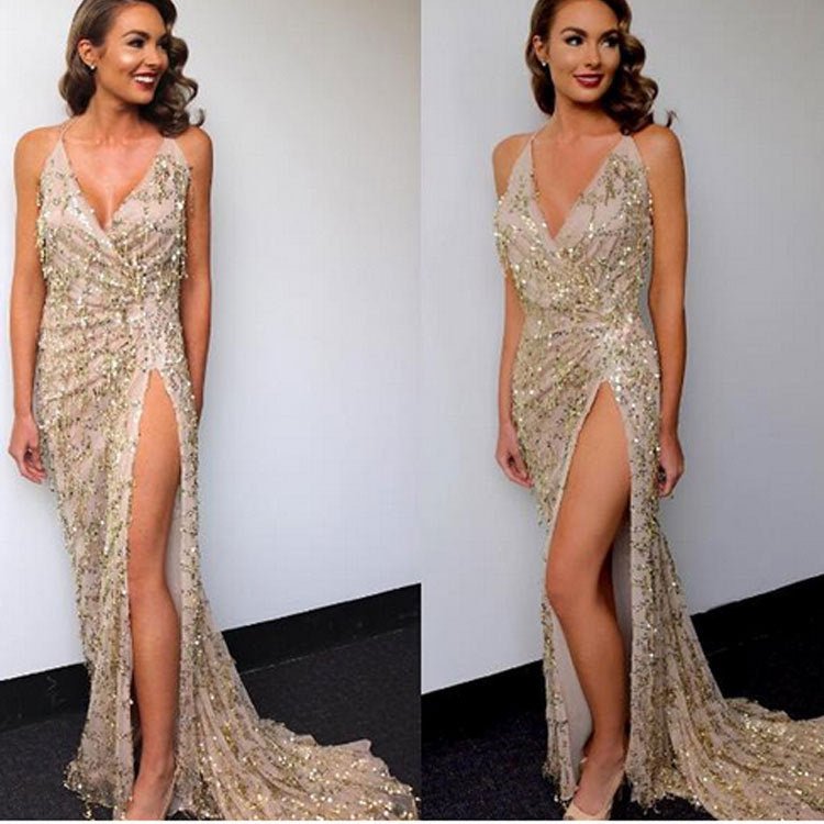 V-neck Sexy Halter Strap Sequin Dress - Babyvera