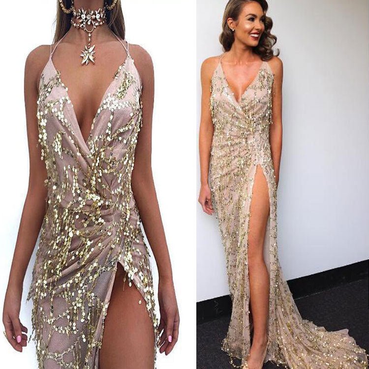 V-neck Sexy Halter Strap Sequin Dress - Babyvera