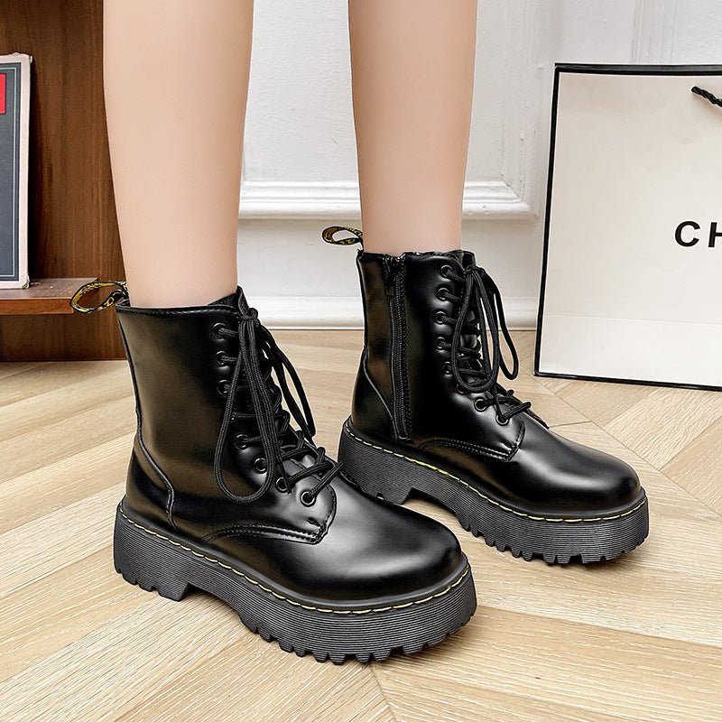 Versatile Lace - up Martin Boots With Thick Heels - Babyvera