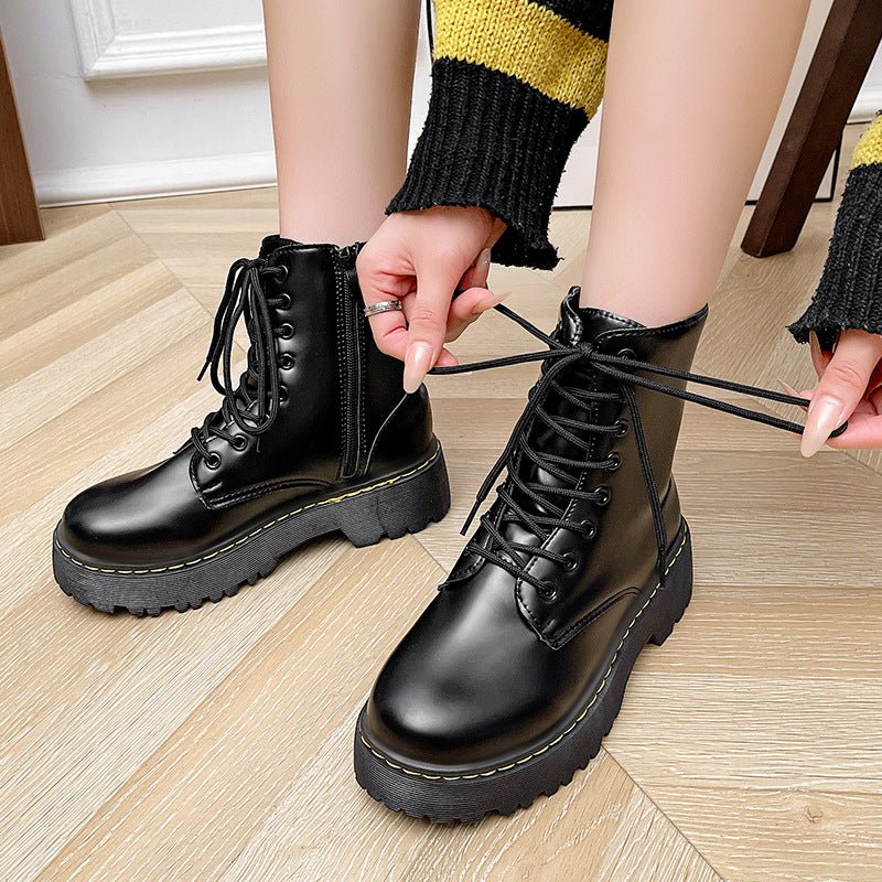 Versatile Lace - up Martin Boots With Thick Heels - Babyvera