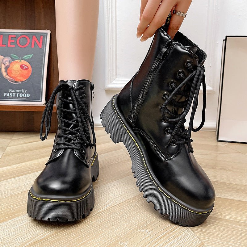 Versatile Lace - up Martin Boots With Thick Heels - Babyvera