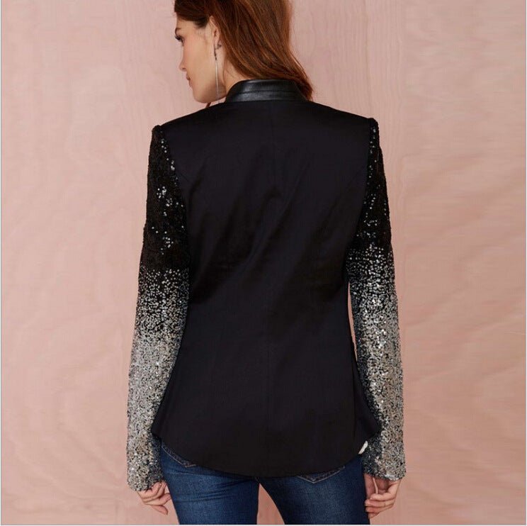 Women Thin Jacket Coat Spring Autumn Long Sleeve Lapel Fashion Silver Black Sequin Elegant Slim Work Blazers Suit feminino - Babyvera