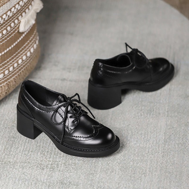 Women's Autumn New Carved Lace - up Round Head British Black Chunky Heel Shoes - Babyvera