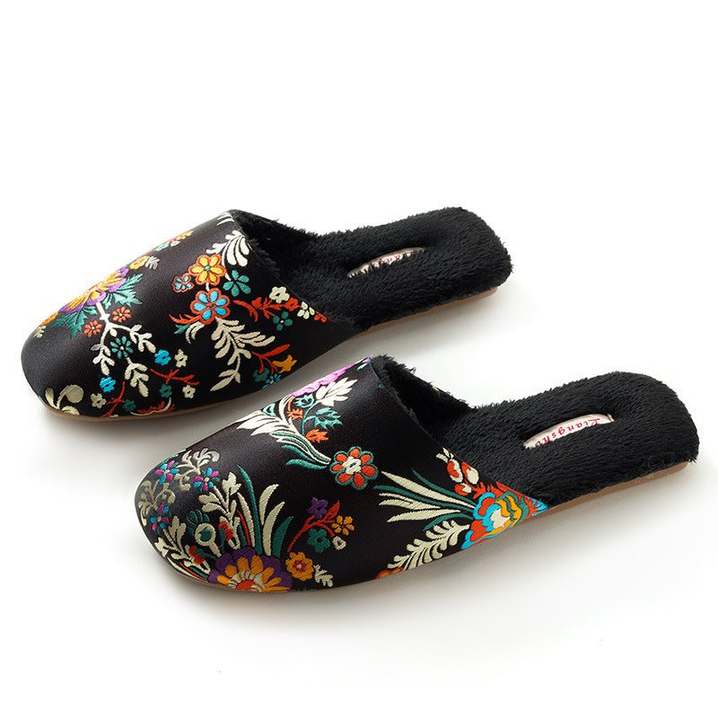 Women's Embroidered Floral Ox - Tendon Sole Plush Slippers - Babyvera