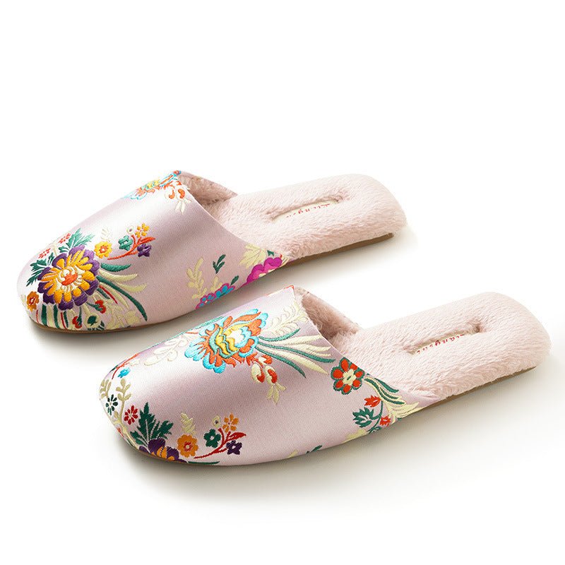 Women's Embroidered Floral Ox - Tendon Sole Plush Slippers - Babyvera
