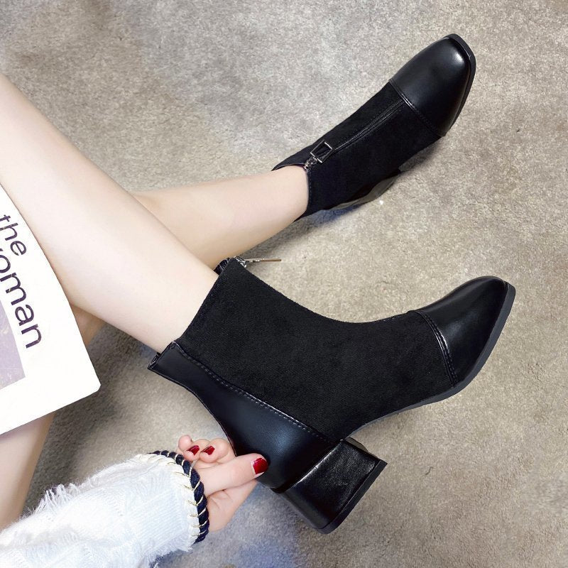 Womens Fashionable Mid - Heel Ankle Boots With Front Zipper - Babyvera