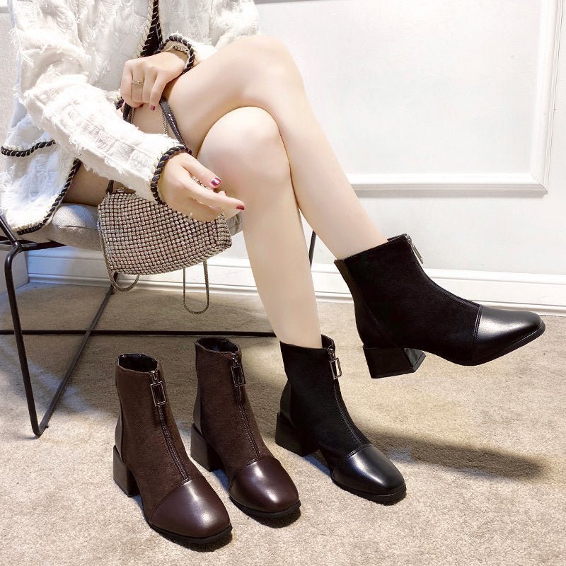 Womens Fashionable Mid - Heel Ankle Boots With Front Zipper - Babyvera
