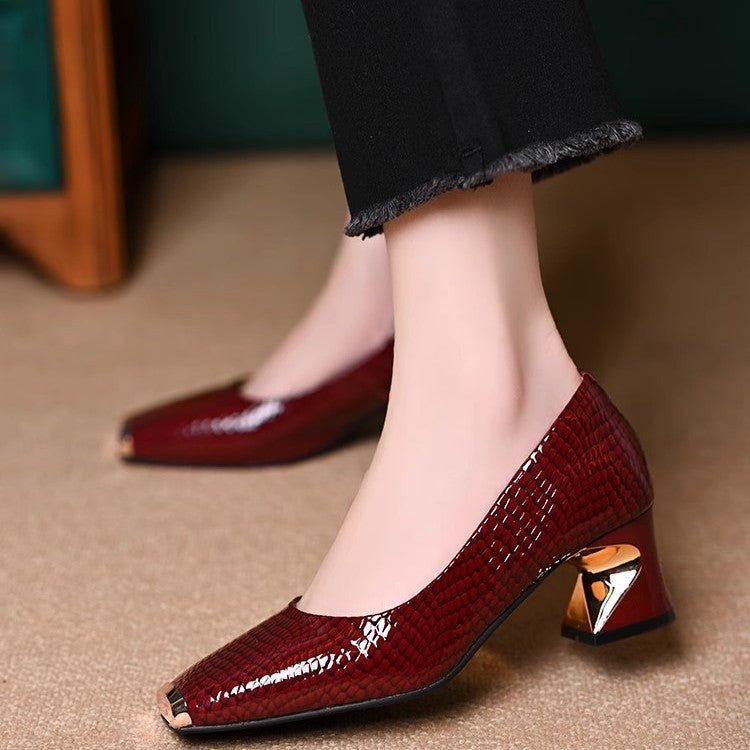 Women's French - style Snake - pattern Chunky - heel Versatile Soft - soled Leather Shoes - Babyvera