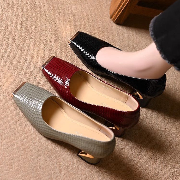 Women's French - style Snake - pattern Chunky - heel Versatile Soft - soled Leather Shoes - Babyvera