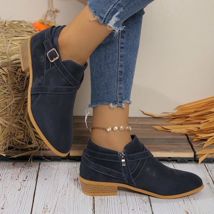 Womens Large - Size Leather Boots With Side Zipper And Cross Straps - Babyvera