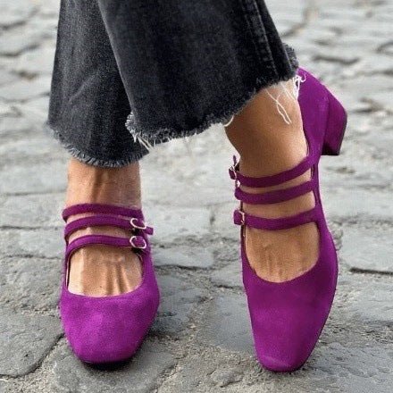 Women's Leather Square Toe Low - cut Retro Style Chunky Heel High Heels - Babyvera