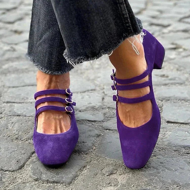 Women's Leather Square Toe Low - cut Retro Style Chunky Heel High Heels - Babyvera