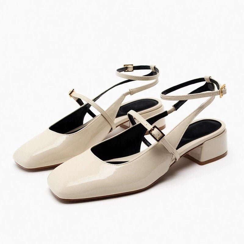 Women's Patent Leather Block Heel Open Back Square Toe Flat Sandals - Babyvera