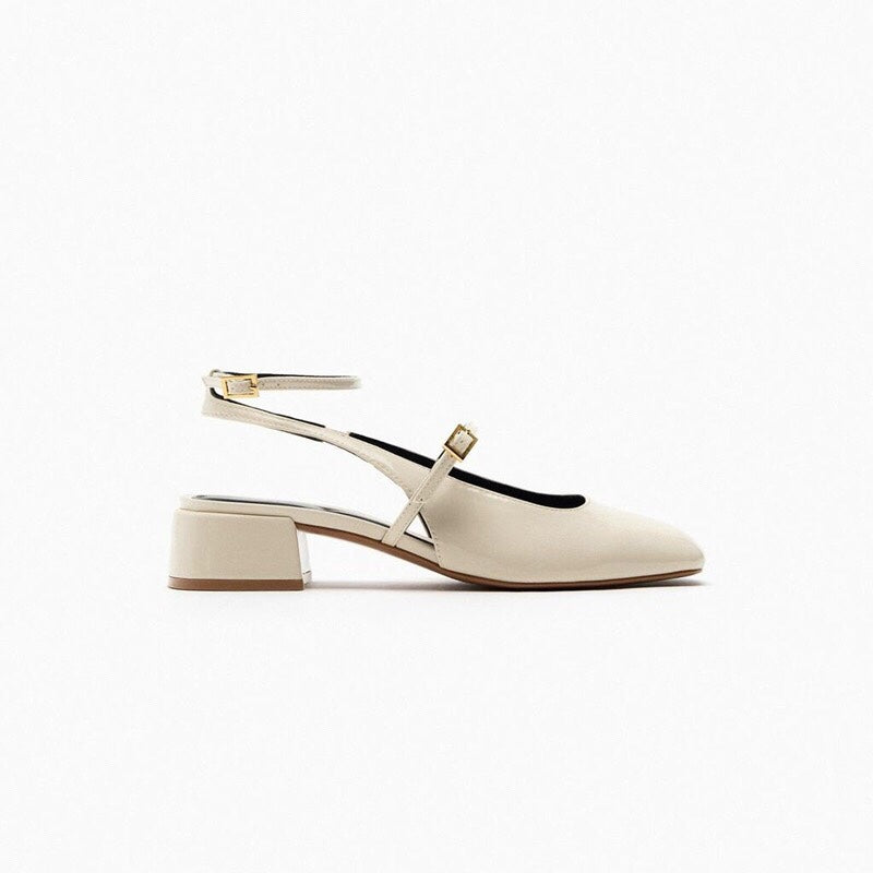 Women's Patent Leather Block Heel Open Back Square Toe Flat Sandals - Babyvera