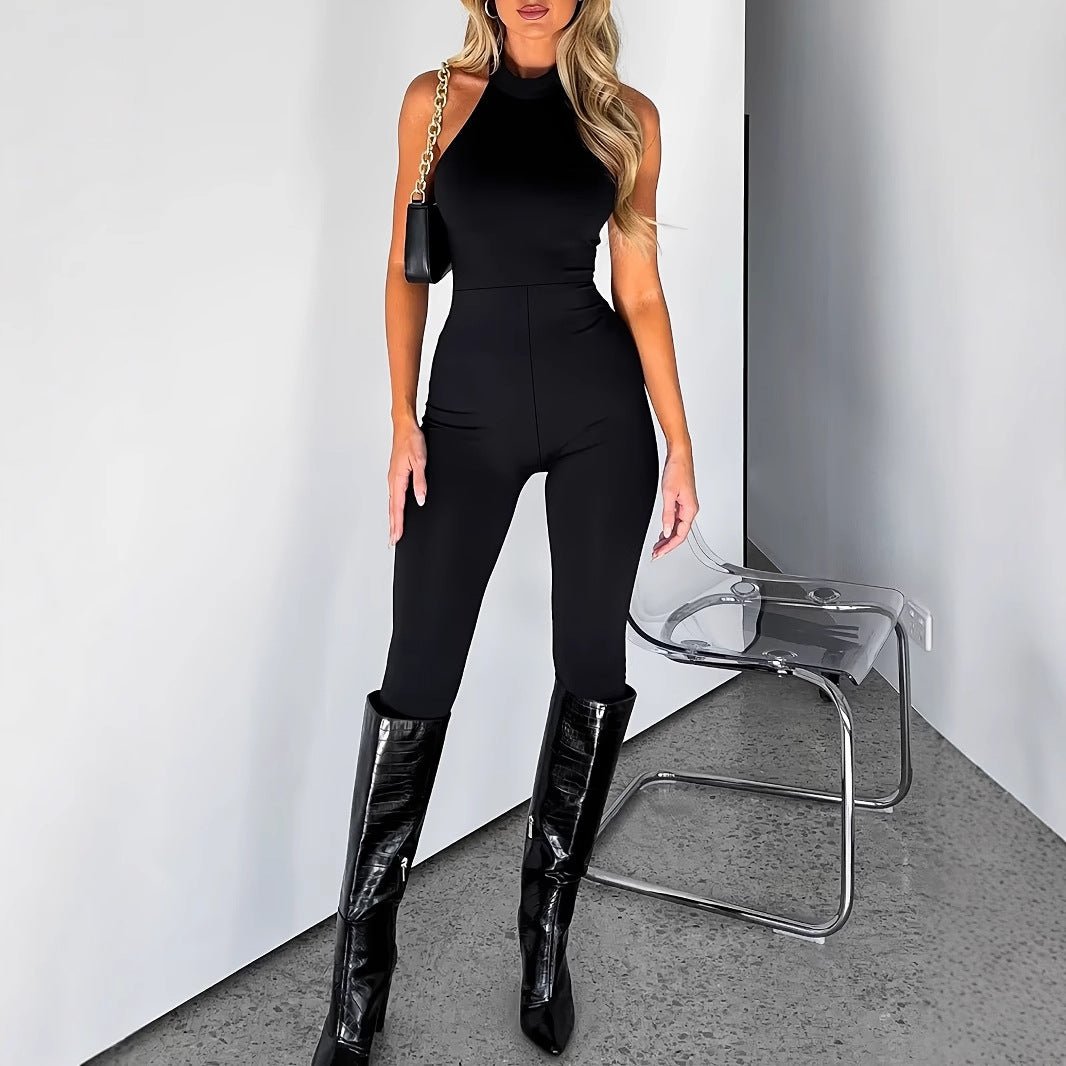 Women's Pure Color Halter Backless Sexy Slim - fit Jumpsuit Trousers - Babyvera