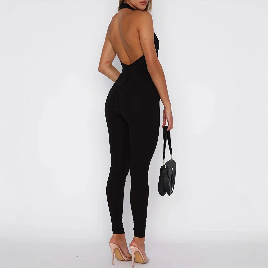 Women's Pure Color Halter Backless Sexy Slim - fit Jumpsuit Trousers - Babyvera