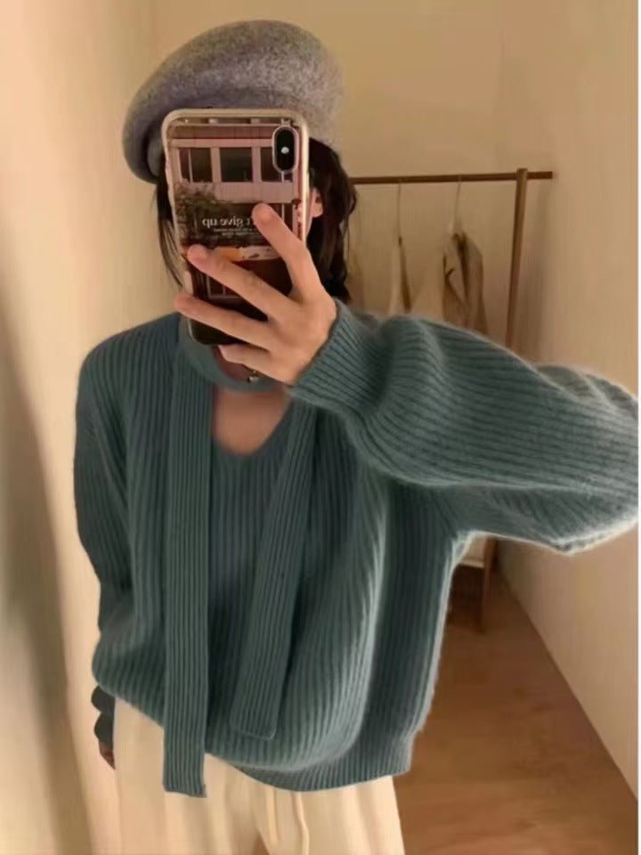 Womens Solid-Color Loose V-Neck Long-Sleeve Sweater With Ribbons - Babyvera