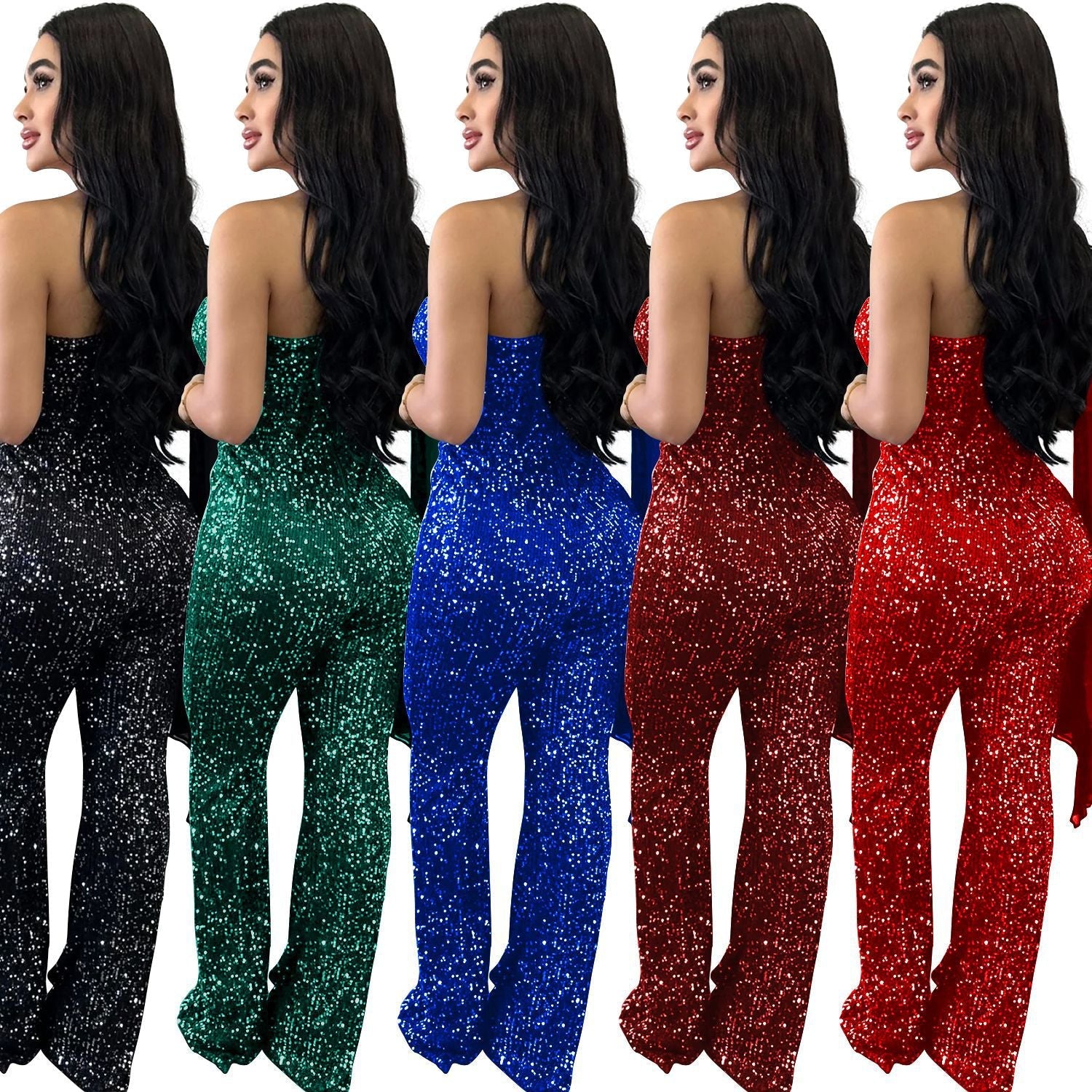 Women's Solid Color Sleeveless One-shoulder Sequined Trousers Jumpsuit - Babyvera