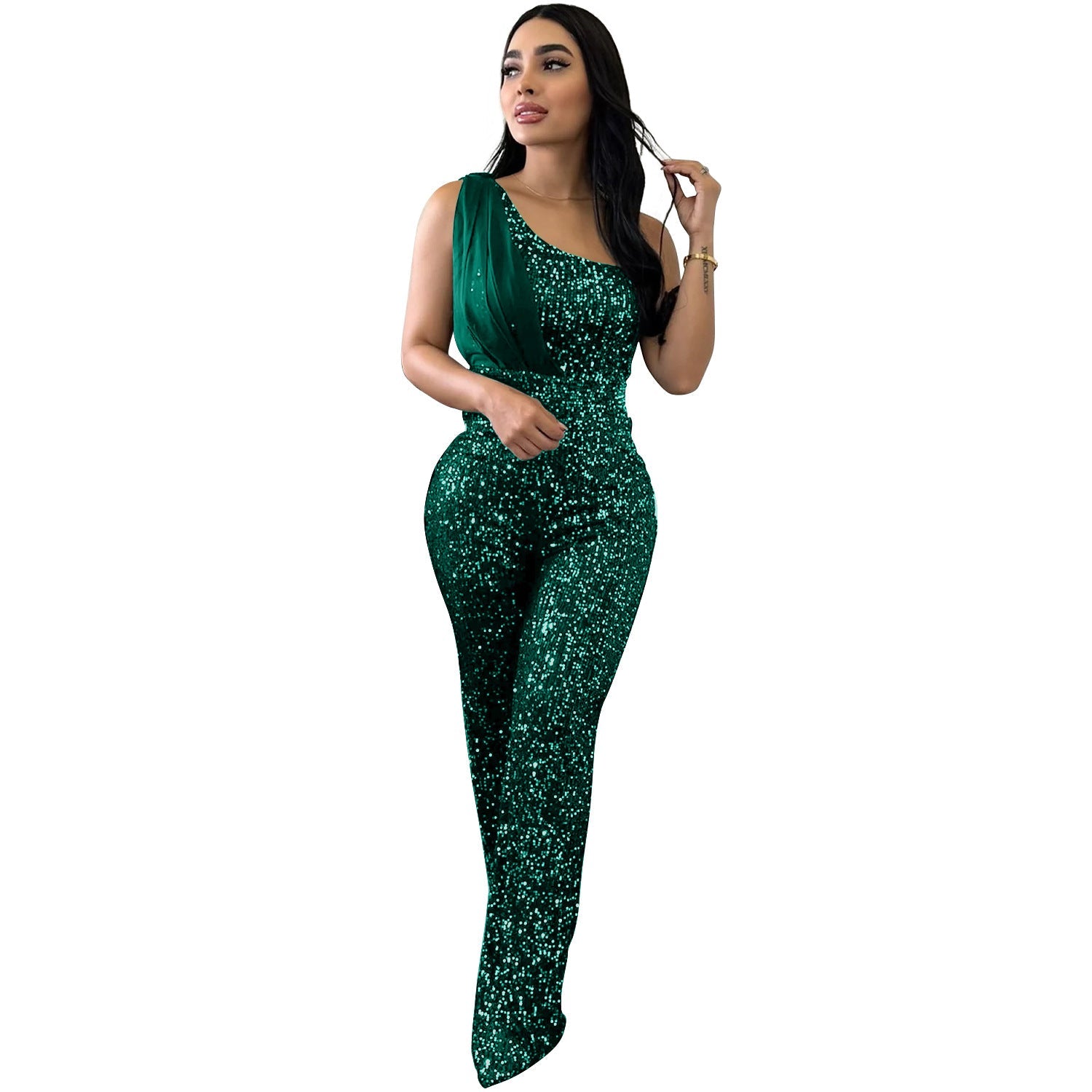 Women's Solid Color Sleeveless One-shoulder Sequined Trousers Jumpsuit - Babyvera