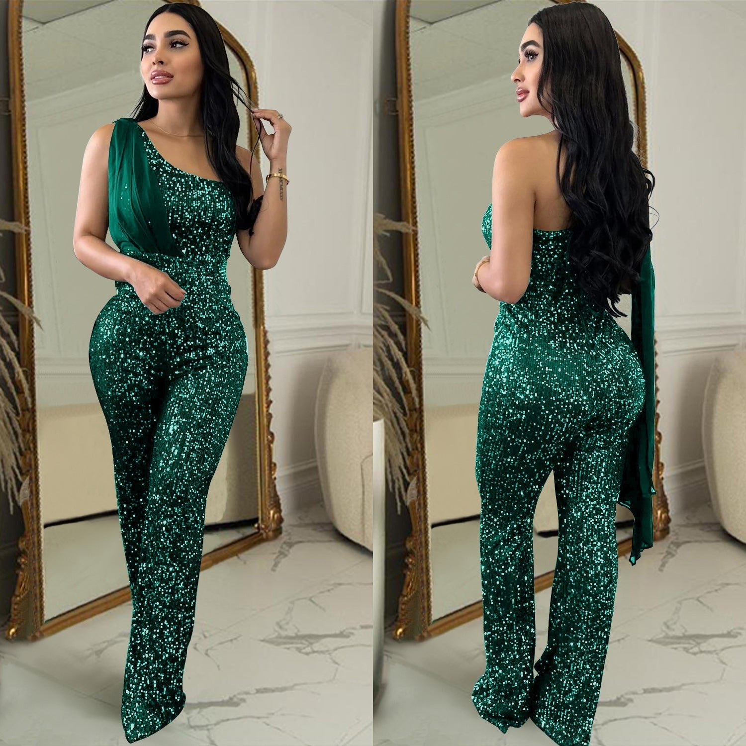 Women's Solid Color Sleeveless One-shoulder Sequined Trousers Jumpsuit - Babyvera