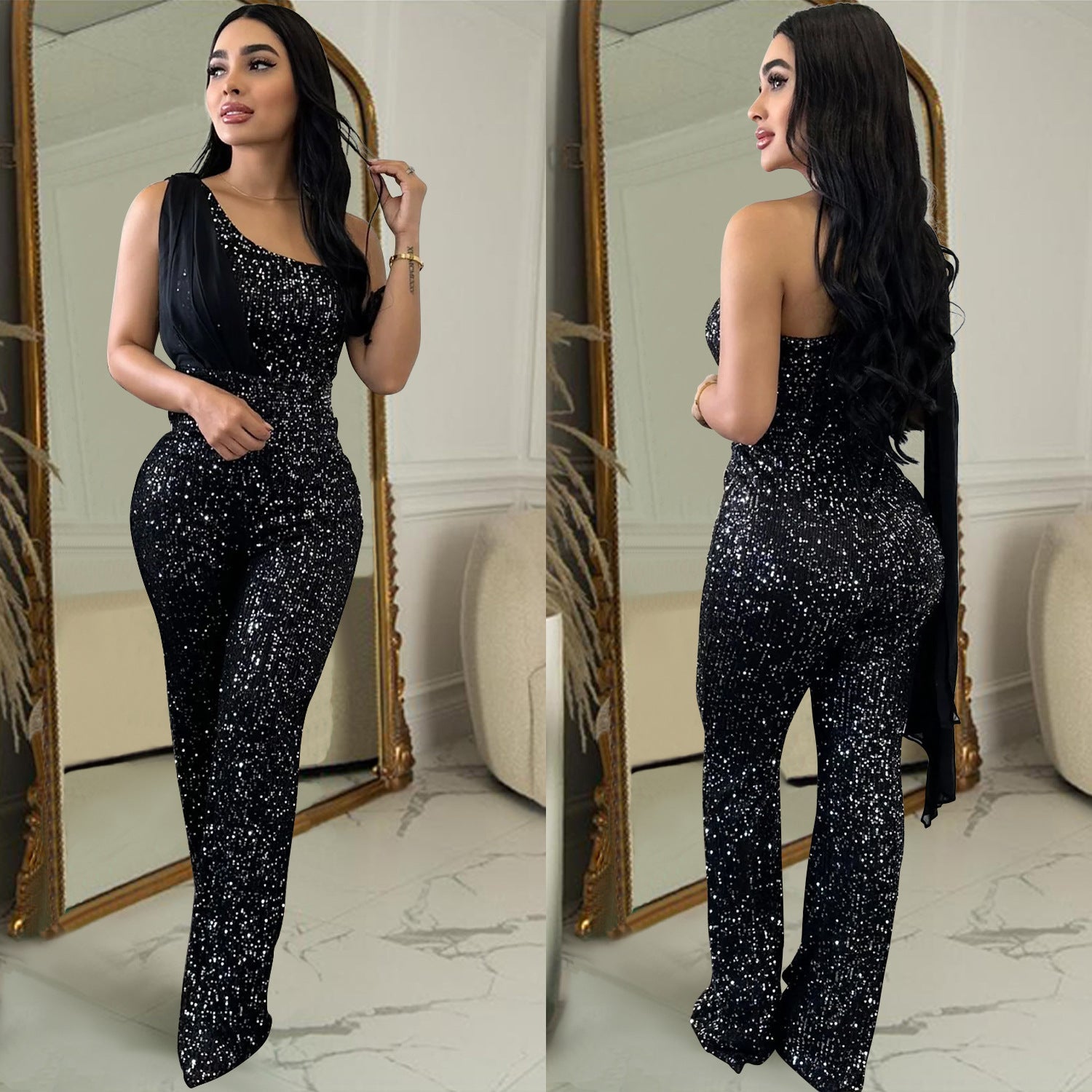 Women's Solid Color Sleeveless One-shoulder Sequined Trousers Jumpsuit - Babyvera
