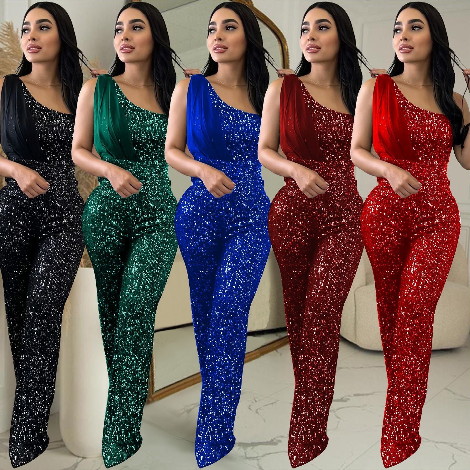 Women's Solid Color Sleeveless One-shoulder Sequined Trousers Jumpsuit - Babyvera