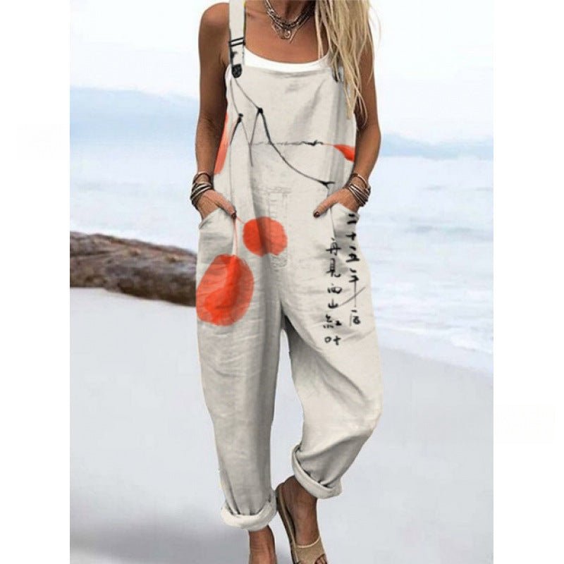 Women's Summer Digital Printing Button Casual Suspender Trousers - Babyvera