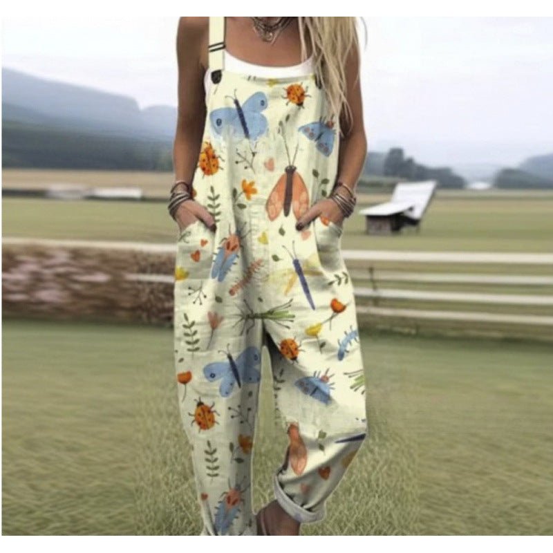 Women's Summer Digital Printing Button Casual Suspender Trousers - Babyvera