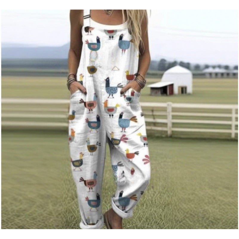 Women's Summer Digital Printing Button Casual Suspender Trousers - Babyvera
