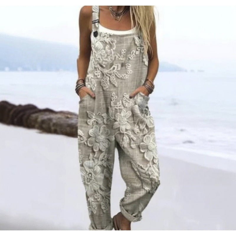 Women's Summer Digital Printing Button Casual Suspender Trousers - Babyvera