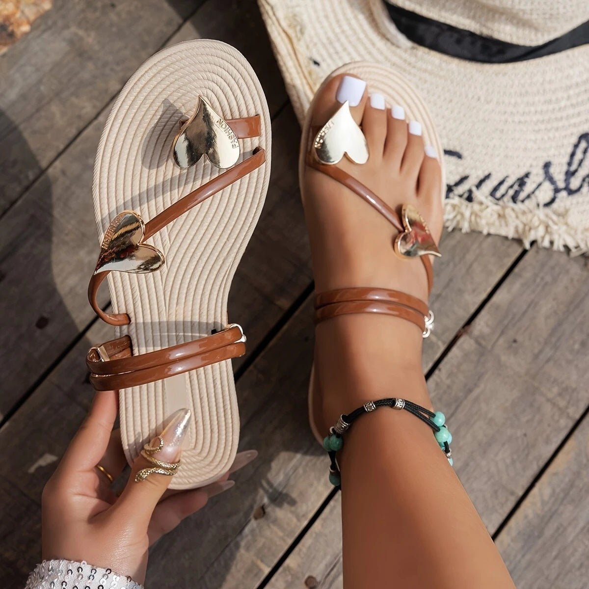 Women's Summer Love Decorative Button Flat Sandals - Babyvera