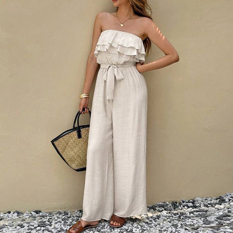Women's Summer Sleeveless Tube Top Jumpsuit Ruffled Tied Jumpsuit - Babyvera