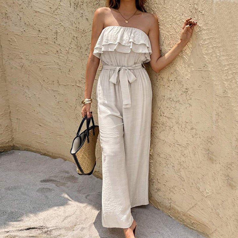 Women's Summer Sleeveless Tube Top Jumpsuit Ruffled Tied Jumpsuit - Babyvera