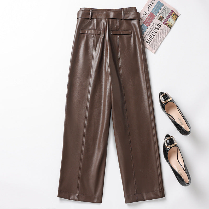 Womens Straight-Leg Leather Pants High-Waisted Fashionable Wide-Leg Pants - [[{"value":"{{ Babyvera Babyvera  }}"}]]