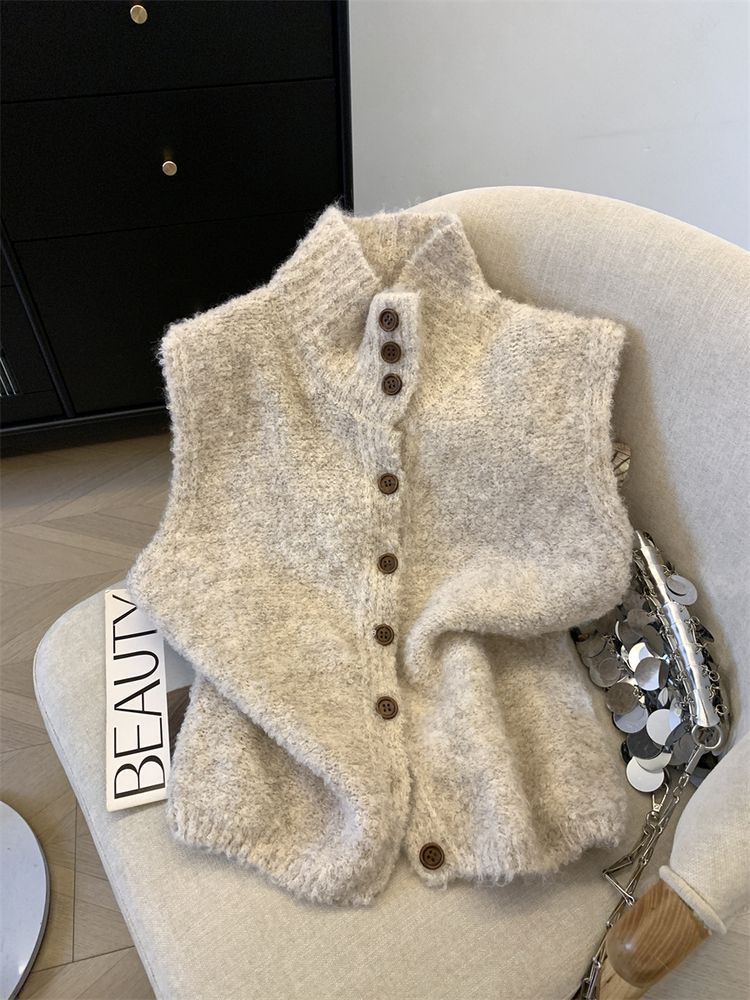 Korean-style Refined High-neck Single-breasted Solid Color Knitted Vest - [[{"value":"{{ Babyvera Babyvera  }}"}]]