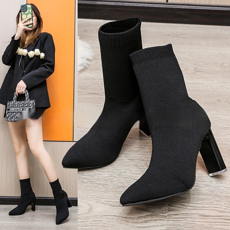 New Winter Fashion Minimalist Chunky-heeled Knitted Suede Ankle Boots With Pointed Toes For Women - [[{"value":"{{ Babyvera Babyvera  }}"}]]
